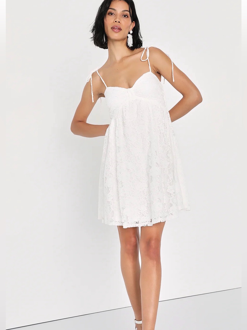 Lulus Angelic Admiration White Lace Tie-Shoulder Babydoll Mini Dress Size Large